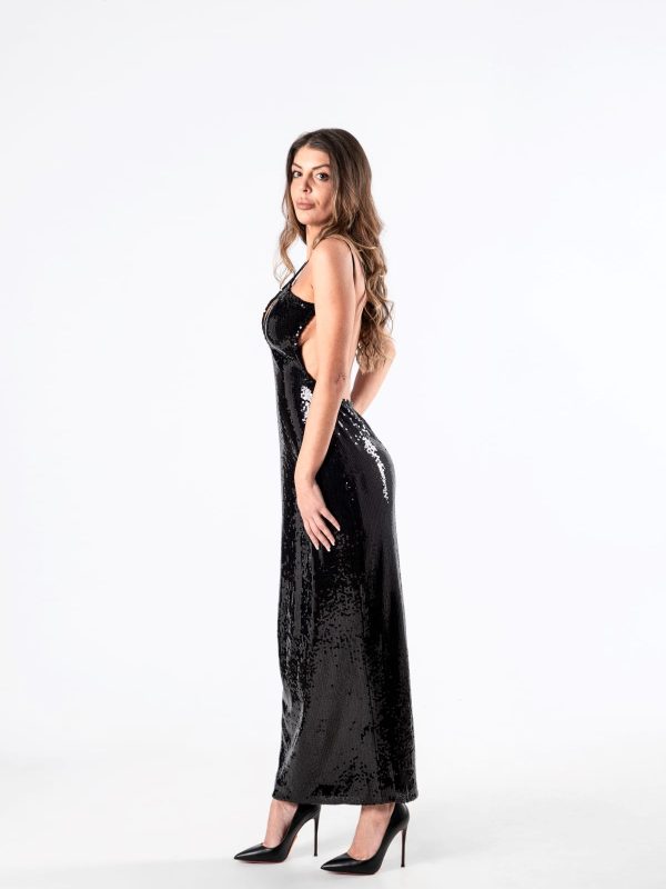 Vestido Negro Largo Halter con Brillos, Luison