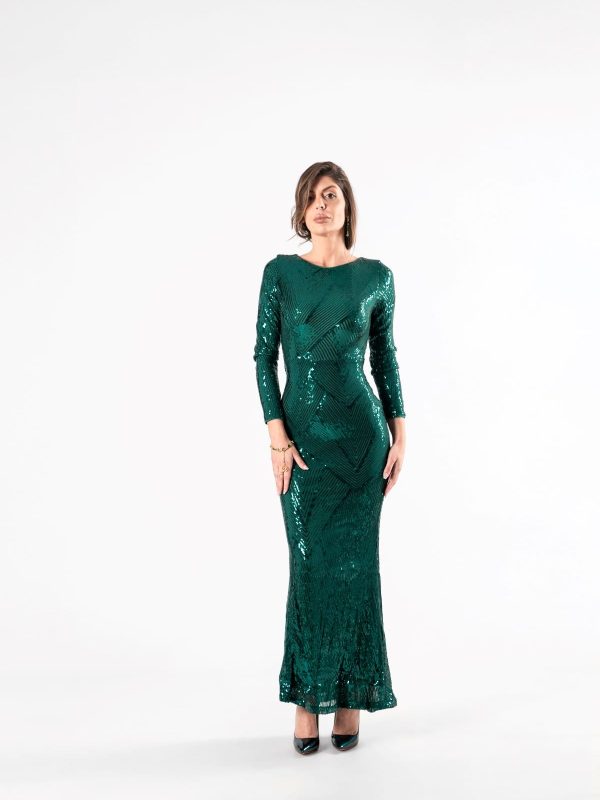 Vestido Verde con Lentejuelas y Manga Larga, Luison
