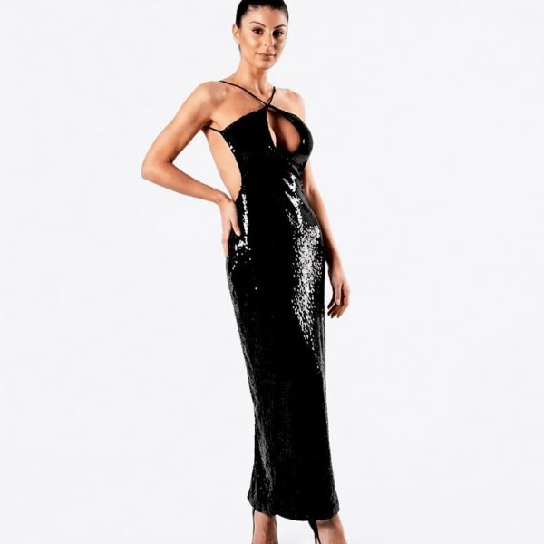 Vestido Largo Negro Halter con Brillos