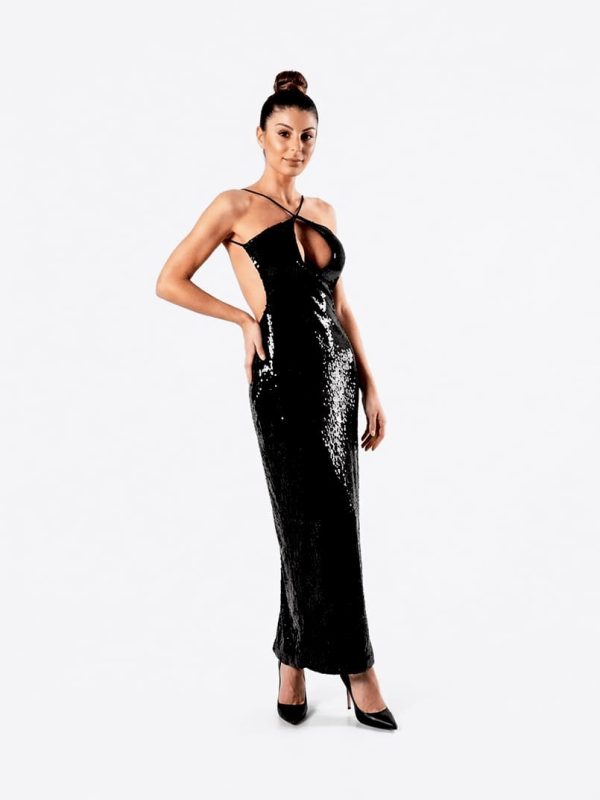 Vestido Largo Negro Halter con Brillos
