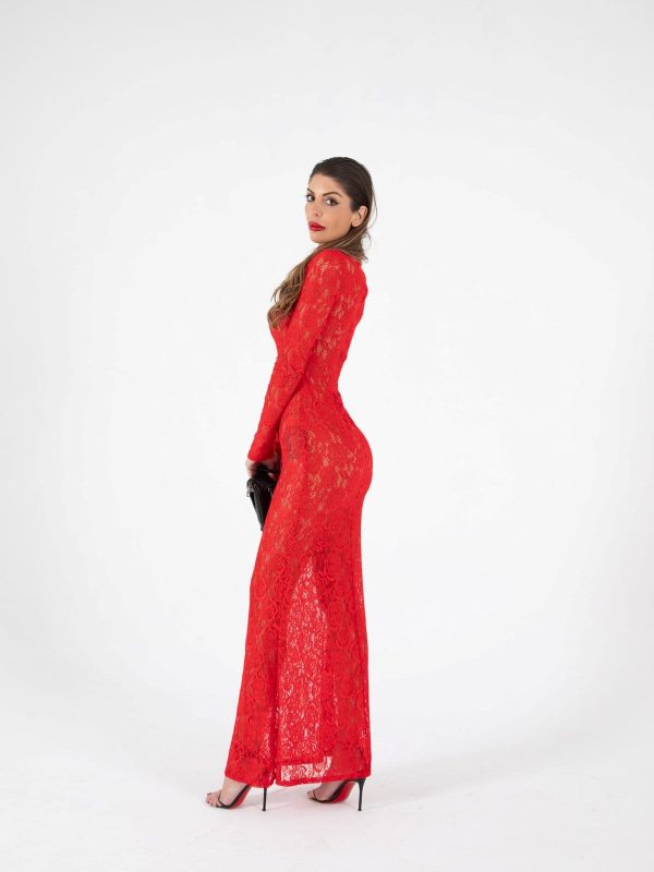 Vestido Largo de Encaje Rojo Sexy para Fiesta y Noche | LUISON