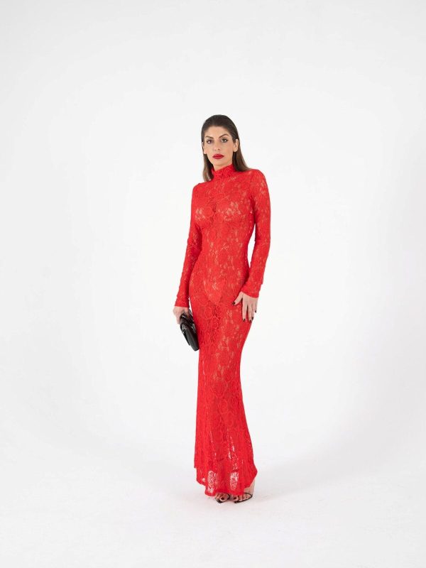 VDNMS0014000140_4 Vestido Largo de Encaje Rojo Sexy para Fiesta y Noche | LUISON