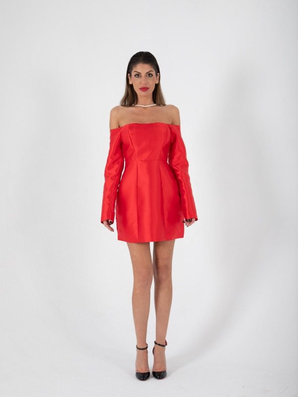 Vestido Mini Rojo Brillante de Hombros Descubiertos | LUISON