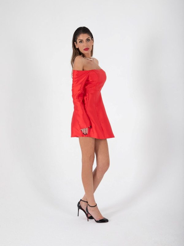 VMFRO1414000_3 Vestido Mini Rojo Brillante de Hombros Descubiertos | LUISON