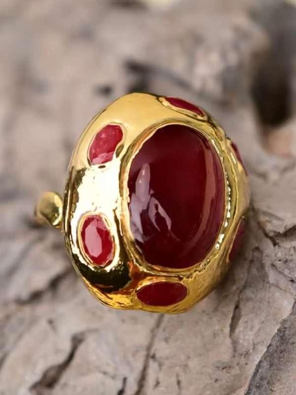 Anillo Ágata Roja Natural Chapado Oro Ajustable Elegante | LUISON Anillo Ágata Roja Natural Chapado Oro Ajustable Elegante | LUISON