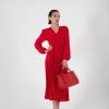 VCVR000014_1 Vestido Rojo Elegante Plisado de Manga Larga, Luison