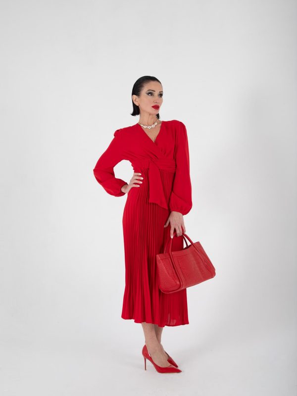 VCVR000014_1 Vestido Rojo Elegante Plisado de Manga Larga, Luison