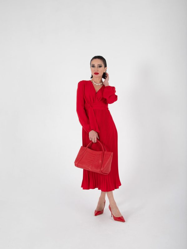 Vestido Rojo Elegante Plisado de Manga Larga, Luison