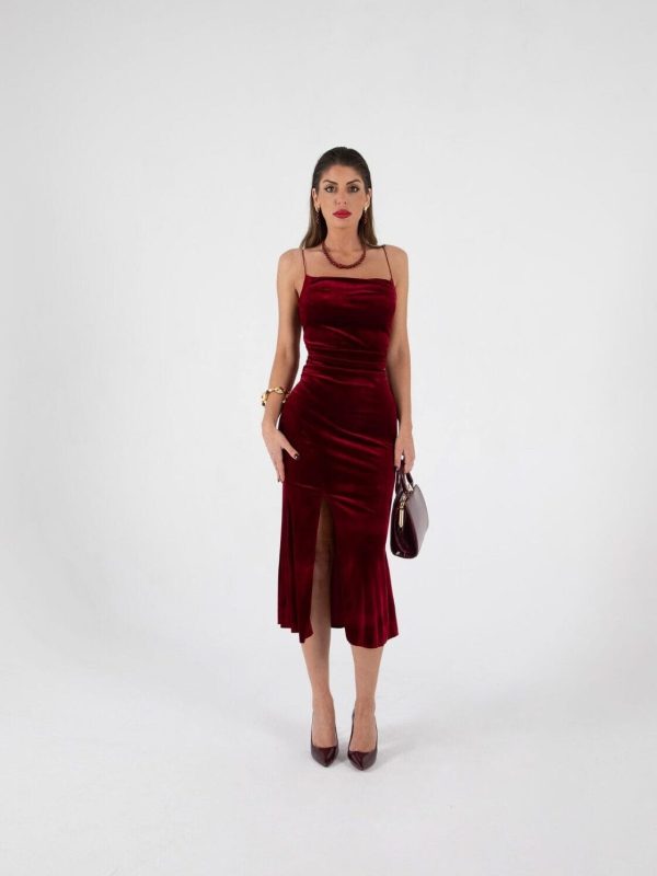 VDFBO14014014_01 Vestido Rojo de Terciopelo Elegante Midi | LUISON