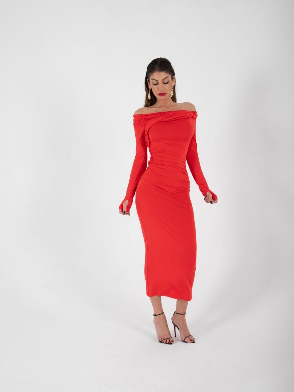 Vestido Rojo Largo Ajustado con Hombros Descubiertos | LUISON