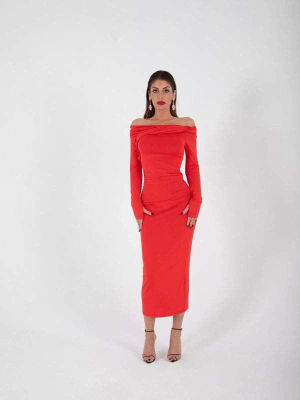 VDFGR0000014_02 Vestido Rojo Largo Ajustado con Hombros Descubiertos | LUISON