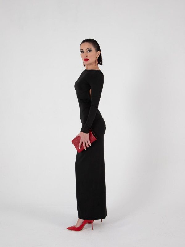 VDFSL015015N_1 Vestido Negro Ajustado de Manga Larga con Espalda Descubierta | LUISON