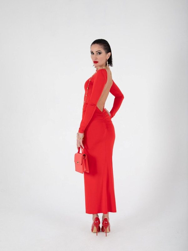 VDFSL015015R_1 Vestido Rojo Ajustado con Espalda Descubierta y Manga Larga | LUISON
