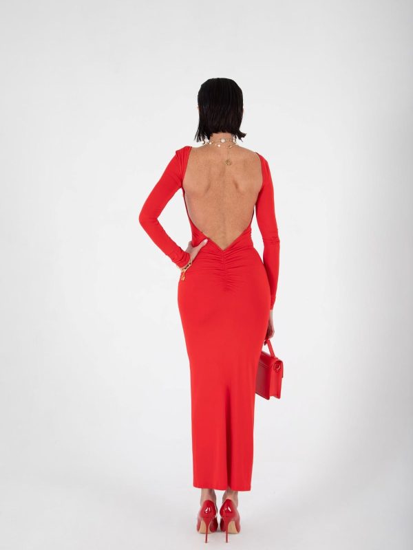 Vestido Rojo Ajustado con Espalda Descubierta y Manga Larga | LUISON