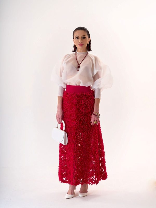 FASLRR014014_1 Falda Roja Larga La Rosa - Elegante Diseño 3D | LUISON