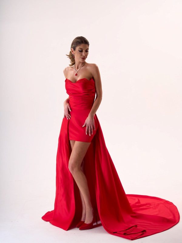 VDGAR00140014_1 Vestido Rojo Satén Cola Desmontable | LUISON