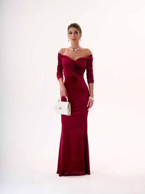 VDNVT014_1 Vestido Sirena Terciopelo Vino Tinto con Hombros Descubiertos | LUISON