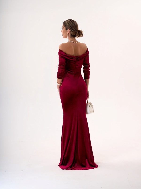 Vestido Sirena Terciopelo Vino Tinto con Hombros Descubiertos | LUISON