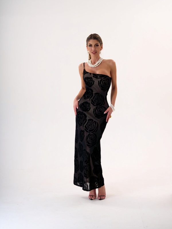 VESTIDOFLOR1_1 Vestido Negro Elegante Largo con Flores Transparente | LUISON