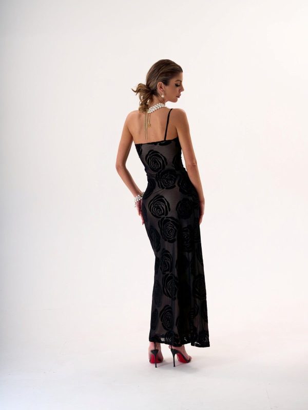 Vestido Negro Elegante Largo con Flores Transparente | LUISON