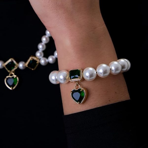 Brazalete Esmeralda Y Perlas Gold
